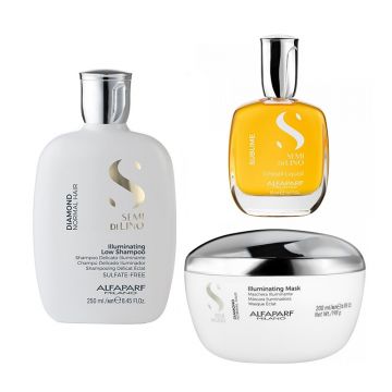 Set pentru stralucire Alfaparf Semi Di Lino Diamond Iluminating cu 250 ml Sampon + 200 ml Masca + 50 ml Serum (Concentratie: Set, Gramaj: 500 ml)