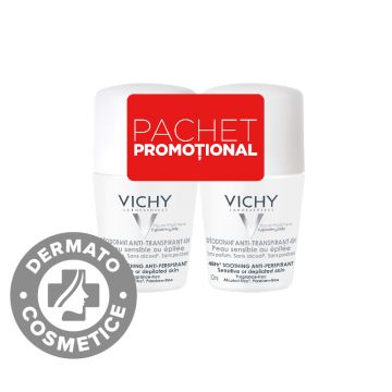 Pachet Promotional Deodorant roll-on antiperspirant 48h, 1 + 50% reducere la al doilea produs, 2x50ml, Vichy