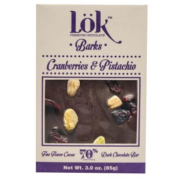 Dark Chocolate 70% cacao cu merisoare si fistic, 85g, LOK