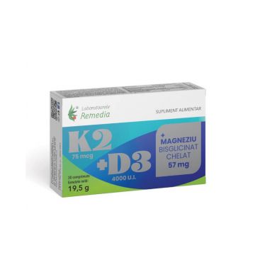 K2+D3+Magneziu bisglicinat chelat, 30 comprimate, Remedia 