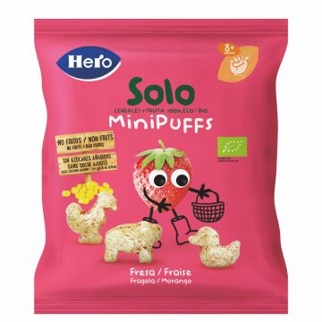 Snack eco din cereale cu capsuni Solo Minipuffs pentru +8 luni, 18g, Hero Baby