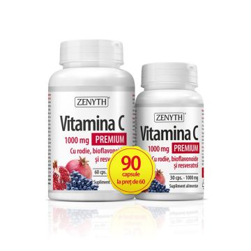 Pachet Vitamina C Premium cu rodie, 60 + 30 capsule, Zenyth