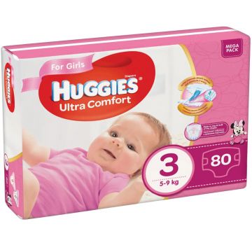 Scutece Ultra Comfort Mega Pack 3 pentru fete 5-9kg, 80 bucati, Huggies