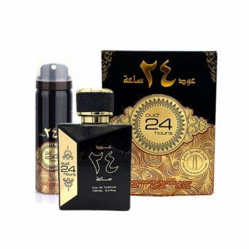 Set cadou Ard al Zaafaran Oud 24 Hours Apa de Parfum 100ml + Deodorant Spray 50ml (Continut set: 100 ml Apa de Parfum +50 ml Deodorant)