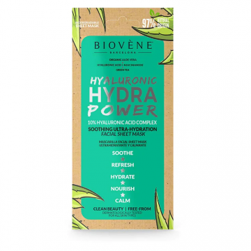 Masca servetel ultra-hidratanta cu acid hialuronic si aloe vera Hydra Power, 20ml, Biovene