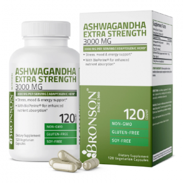 Ashwagandha 3000 mg cu Bioperina, 120 capsule, Bronson Laboratories