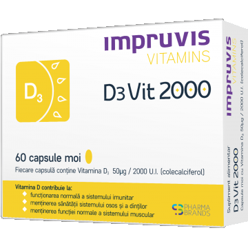 D3vit 2000 cu vitamina D3 2000 U.I., 60 capsule moi, Pharma Brands