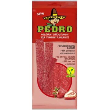 Bomboane gumate acrisoare cu aroma de capsuni si forma de panglici, 80g, Pedro