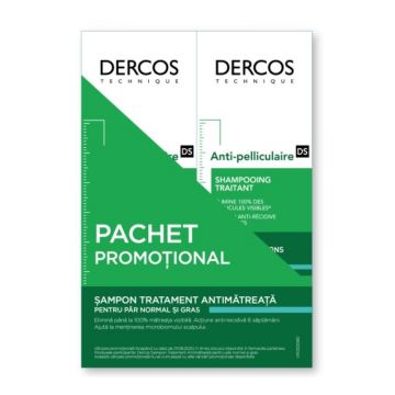 Pachet Sampon anti-matreata par normal-gras Dercos, 200 ml+200 ml, Vichy