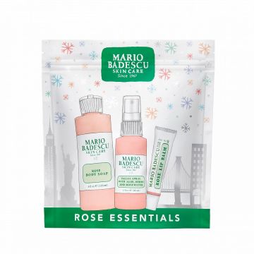 Set ingrijire Mario Badescu Rose Essentials, Spray facial Facial Spray, 59 ml + Balsam de buze Rose Lip Balm, 10 g + Gelul de dus Rose Body Soap, 118 ml