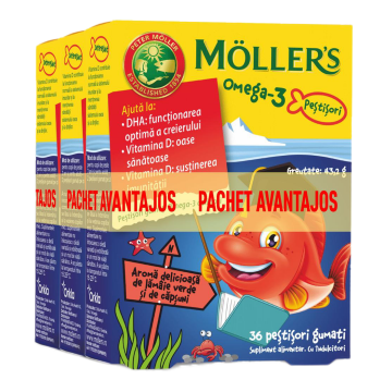 Pachet 3 bucati * Moller s Omega-3, 36 pestisori gumati aroma capsuni