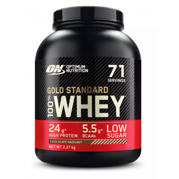 Pudra proteica proteine din zer 100% Whey Gold Standard cu aroma de ciocolata si alune, 2.27kg, Optimum Nutrition