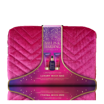 Baylis & Harding, Set cu smochine si rodie, Trusa pentru cosmetice, spray pentru corp, lotiune pentru maini si corp, gel de dus