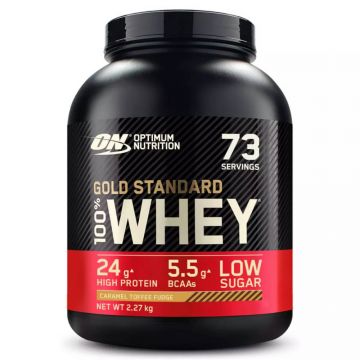 Pudra proteica proteine din zer 100% Whey Gold Standard cu aroma de caramel, 2.27kg, Optimum Nutrition