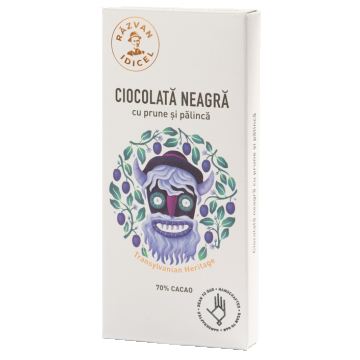 Ciocolata 70% cacao neagra cu prune si palinca, 80g, Razvan Idicel