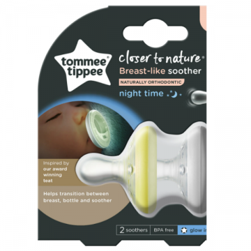 Suzete de noapte Closer to Nature Breast like soother Alb-Galben 0-6 luni, 2buc, Tommee Tippee