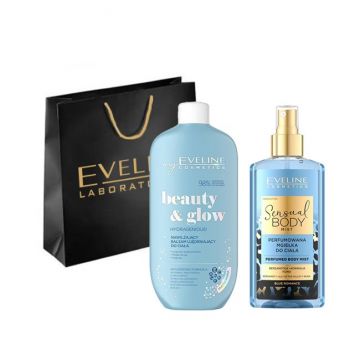 Set cadou Eveline Cosmetics Spray de corp Blue Romance Sensual Body Spray, 150 ml + Balsam hidratant pentru corp, Hydragenious, 350 ml