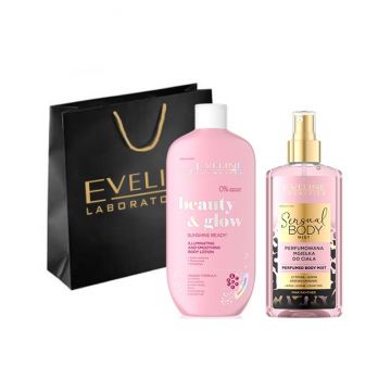Set cadou Eveline Cosmetics Spray de corp Pink Panther Sensual Body Spray, 150 ml + Balsam hidratant pentru corp, Sunshine Ready!, 350 ml