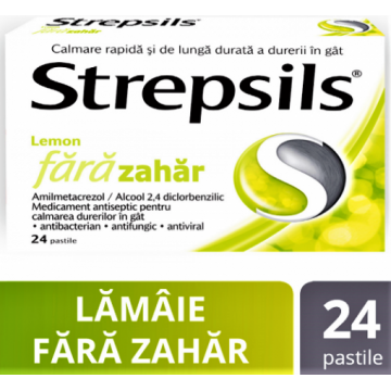 Strepsils Lemon fara zahar - 24 pastile de supt