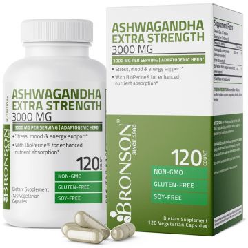 Ashwagandha 3000mg cu bioperina, 120 capsule, Bronson Laboratories