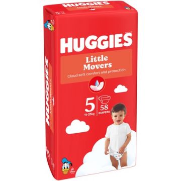 Scutece Little Movers Marimea 5 pentru 11 - 25kg, 58 bucati, Huggies