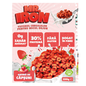 Cereale cu 30% proteina fara zahar low-carb gluten free si vegane Capsuni si Mar, 250g, Mr. Iron