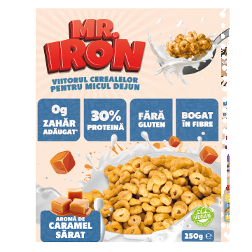 Cereale cu 30% proteina fara zahar low-carb gluten free si vegane Caramel Sarat, 250g, Mr. Iron