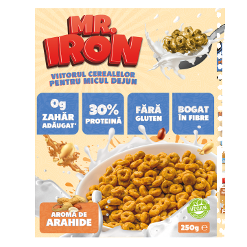 Cereale cu 30% proteina fara zahar low-carb gluten free si vegane Unt de Arahide, 250g, Mr. Iron