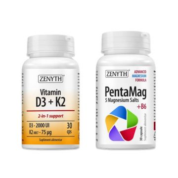 Pachet PentaMag 30 caps + Vitamin D3 + K2 Forte 30 caps Zenyth
