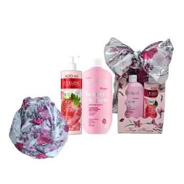 Set cadou Balsam hidratant pentru corp, Sunshine Ready!, Eveline Cosmetics, 350 ml + Cremă hidratantă cu iaurt de corp 99% Natural Strawberry Smoothing, 400 ml + Esarfa matase