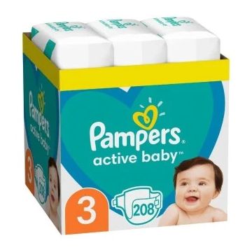 Scutece Active Baby Marimea 3 Midi pentru 6-10 kg, 208 bucati, Pampers