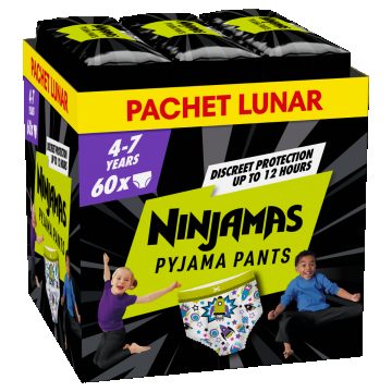 Scutece chilotel de noapte pentru baietei 4-7 ani, 60 bucati, Ninjamas