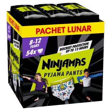 Scutece chilotel de noapte pentru baietei 8-12 ani, 54 bucati, Ninjamas