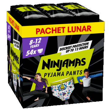Scutece chilotel de noapte pentru baietei 8-12 ani, 54 bucati, Ninjamas