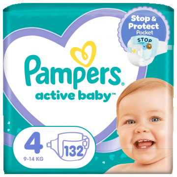 Scutece pentru copii Active Baby Mega Box Marimea 4 9 -14kg, 132 bucati, Pampers