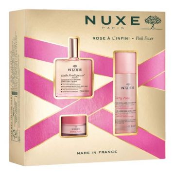Set Nuxe Pink Fever: Ulei Multifunctional Floral Huile Prodigieuse pentru Fata, Corp si Par, 50 ml + Balsam de Buze Very Rose, 15 g + Apa Micelara de Curatare Very Rose pentru Piele Sensibila, 100 ml.