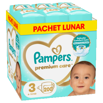 Scutece Premium Care XXL Marimea 3 pentru 6-10 kg, 200 bucati, Pampers