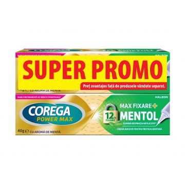 Pachet Crema adeziva pentru proteza dentara Max Fixare+ Mentol 2x 40g, Corega