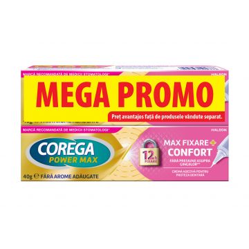 Pachet Crema adeziva pentru proteza Power Max Fixare + Confort, 2 x 40g, Corega