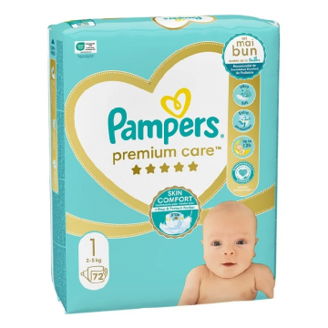 Scutece Premium Care, marimea 1, 2-5kg, 72 bucati, Pampers