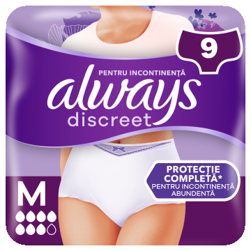 Chiloti pentru incontinenta urinara Discreet Plus 6 picaturi M, 9 bucati, Always