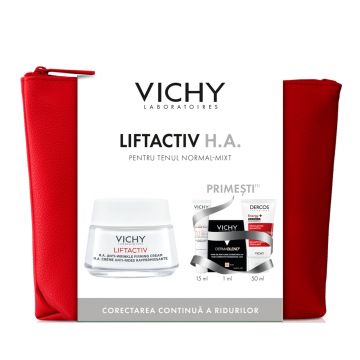 Pachet Crema antirid ten uscat Liftactiv HA, 50 ml + Fluid cu SPF 50+ Capital Soleil, 15 ml + Fond de ten Dermablend, 25 Nude, 1 ml + Sampon Aminexil Dercos, 50 ml, Vichy