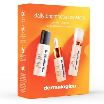 Set Daily Brightness Boosters Dermalogica Biolumin-C: Ser iluminator cu Vitamina C, 10 ml + Gel hidratant cu Vitamina C, 15 ml Mini + Gel de curatare Daily Glycolic, 30 m