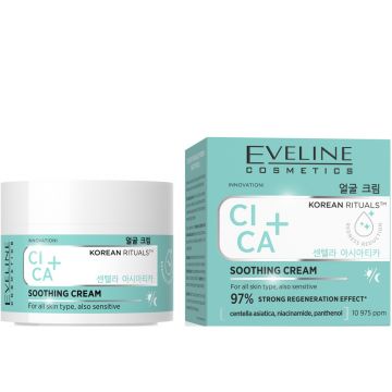 Crema calmanta Eveline CICA+ Korean Rituals, pentru toate tipurile de ten, inclusiv sensibil, cu centella asiatica si niacinamide, 50 ml