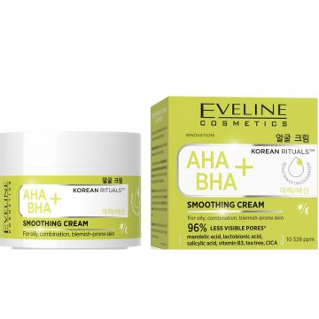 Crema de netezire Eveline AHA+BHA Korean Rituals, cu acid mandelic, acid salicilic si niacinamida, pentru ten gras, mixt si cu imperfectiuni, 50 ml