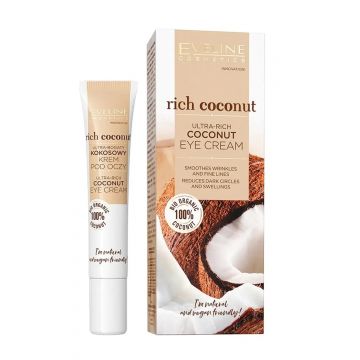 Crema de ochi ultra-hranitoare cu ulei de cocos bio, Eveline Cosmetics Rich Coconut, 20 ml