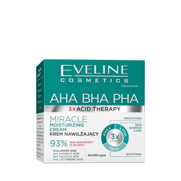 Crema hidratanta Eveline Cosmetics Miracle, cu acid hialuronic si 3 tipuri de acizi (AHA, BHA, PHA), pentru netezire si regenerare, 40 ml