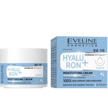 Crema hidratanta Eveline Hyaluron+ Korean Rituals, cu acid hialuronic, aloe vera si squalane, pentru ten uscat si deshidratat, 50 ml