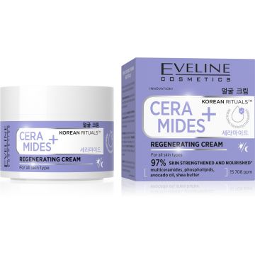 Crema regeneratoare Eveline Ceramides+ Korean Rituals, pentru toate tipurile de ten, cu multicermide, ulei de avocado si unt de shea, 50 ml
