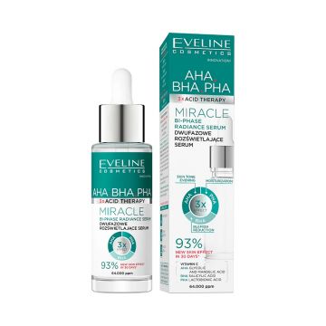 Ser bifazic iluminator Eveline Cosmetics Miracle, cu 3 tipuri de acizi si vitamina C, pentru uniformizarea tenului si reducerea imperfectiunilor, 30 ml